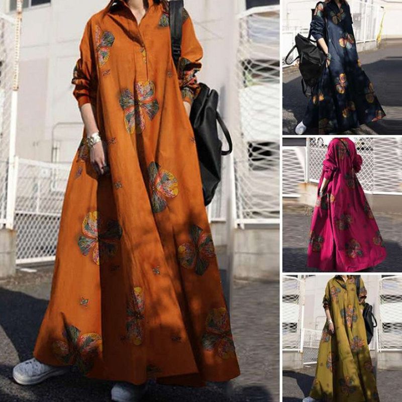 Muslim women's autumn printed cotton linen retro national style loose long-sleeved big swing dress