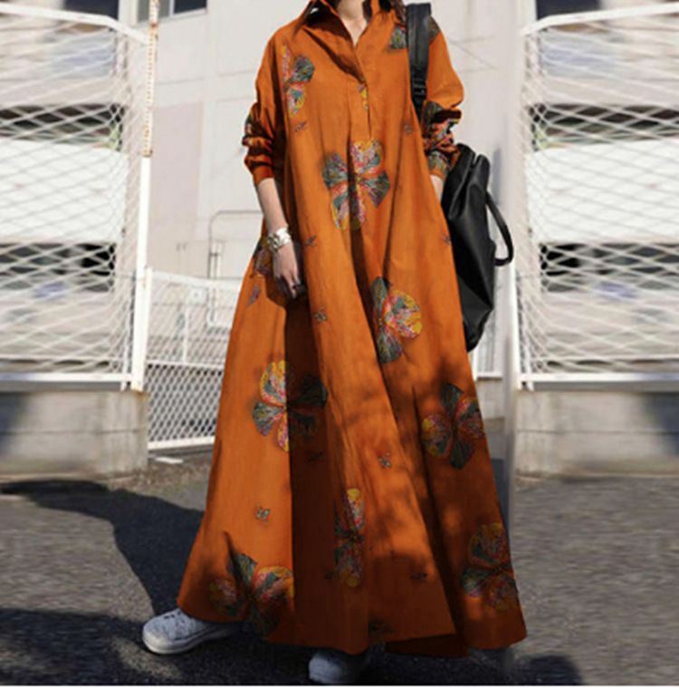 Muslim women's autumn printed cotton linen retro national style loose long-sleeved big swing dress