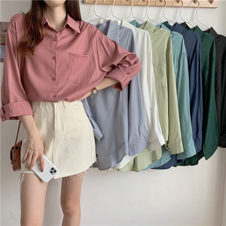 Spring New Korean Versatile Polo Collar Wearing Long Sleeve Loose Shirt Light Mature Cardigan Shirt Women's Wear