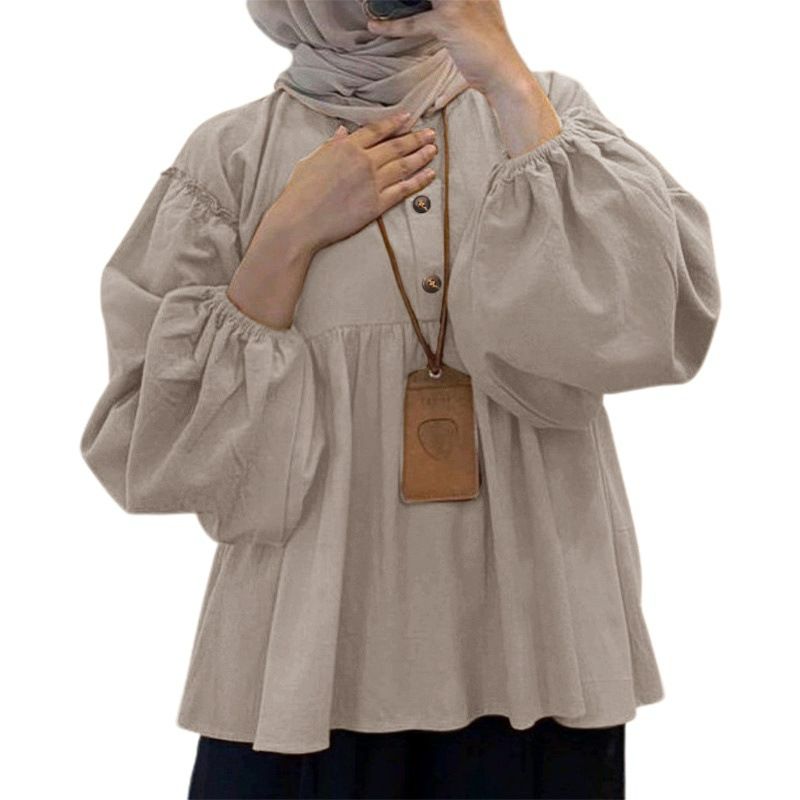 Casual Loose Shirt Ruffles Hem Islamic Clothing Abaya Kaftan Fashion Muslim Tops Femme Solid Color Long Sleeve Blouse