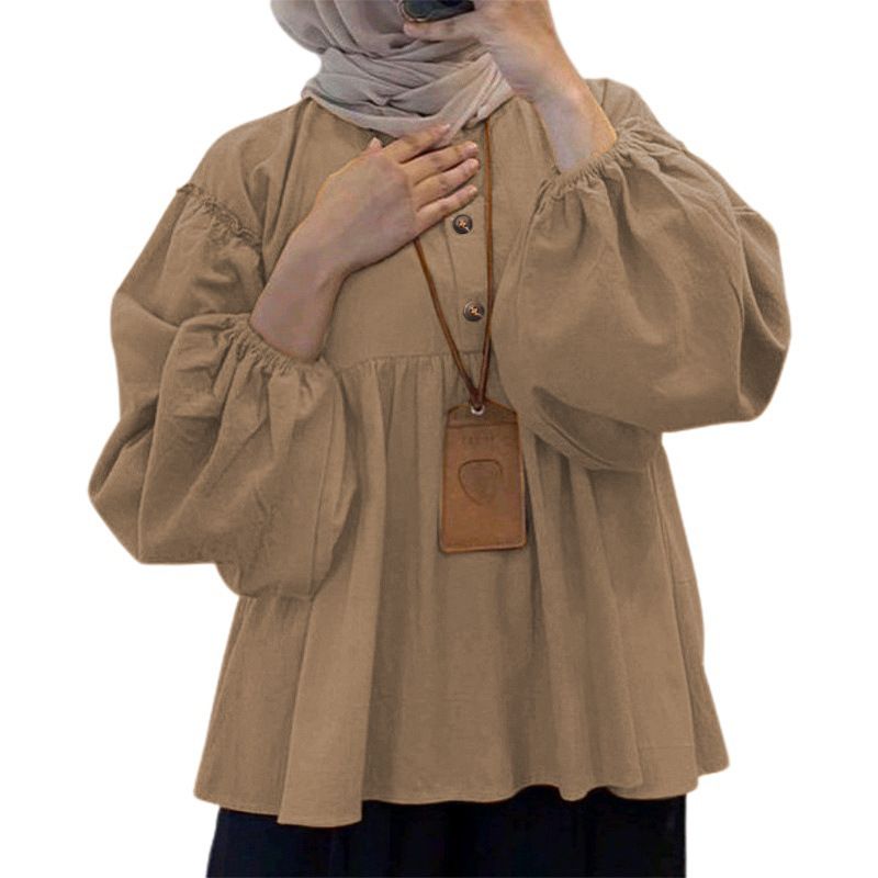 Casual Loose Shirt Ruffles Hem Islamic Clothing Abaya Kaftan Fashion Muslim Tops Femme Solid Color Long Sleeve Blouse