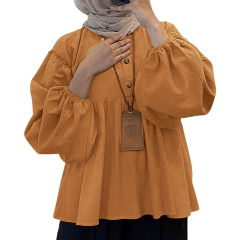 Casual Loose Shirt Ruffles Hem Islamic Clothing Abaya Kaftan Fashion Muslim Tops Femme Solid Color Long Sleeve Blouse