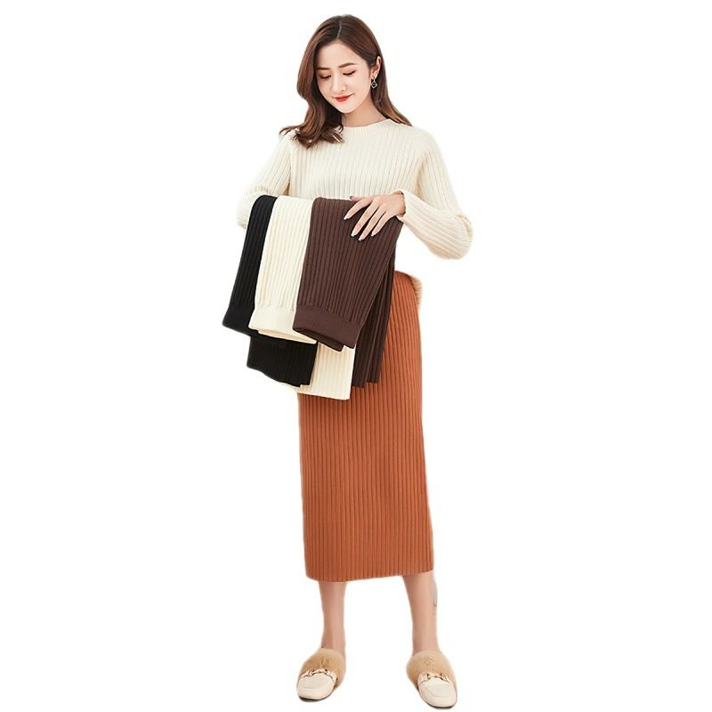 Autumn Winter Knit Pencil Skirt Women High Waist Elastic Skirts Womens Sexy Knitted Split Midi Skirt For Women