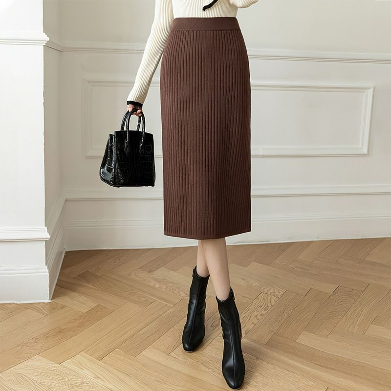 Autumn Winter Knit Pencil Skirt Women High Waist Elastic Skirts Womens Sexy Knitted Split Midi Skirt For Women
