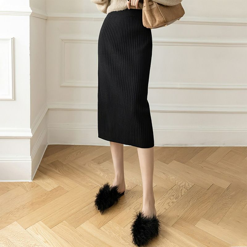 Autumn Winter Knit Pencil Skirt Women High Waist Elastic Skirts Womens Sexy Knitted Split Midi Skirt For Women