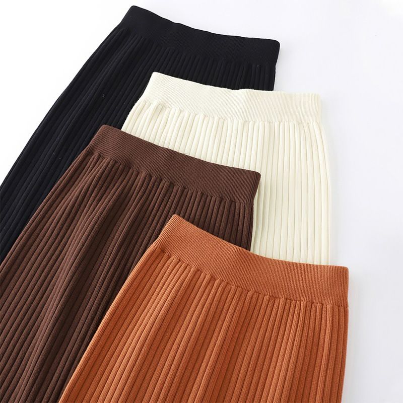 Autumn Winter Knit Pencil Skirt Women High Waist Elastic Skirts Womens Sexy Knitted Split Midi Skirt For Women