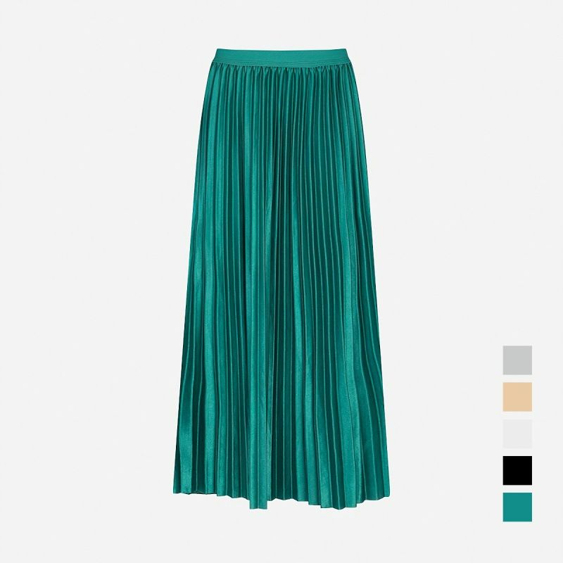 Elastic Waist Satin Skirts For Women Elegant Ladies Loose A Line Long Dress High Waist Pleated Skirt Muslim
