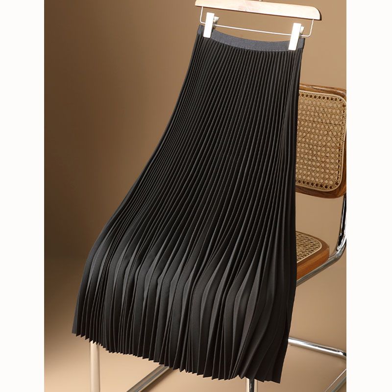 Women High Waist Pleated Skirt Smooth Satin Long Elegant Dress Summer Spring Lady Casual Pleated Skirt