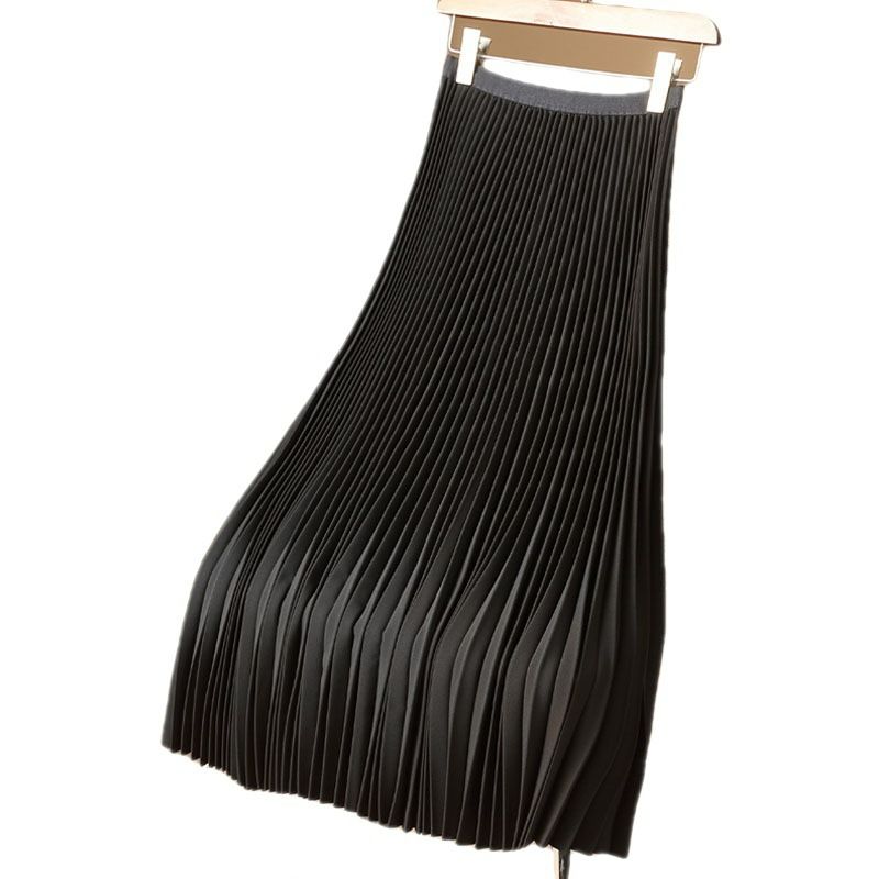 Women High Waist Pleated Skirt Smooth Satin Long Elegant Dress Summer Spring Lady Casual Pleated Skirt