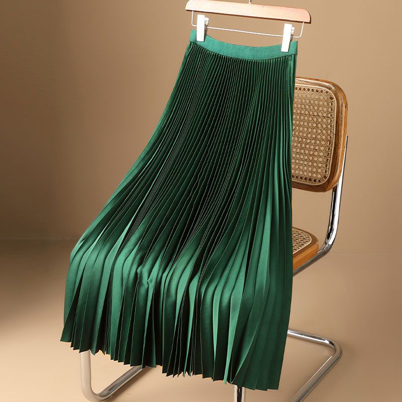 Women High Waist Pleated Skirt Smooth Satin Long Elegant Dress Summer Spring Lady Casual Pleated Skirt