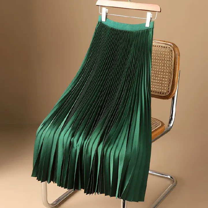 Women High Waist Pleated Skirt Smooth Satin Long Elegant Dress Summer Spring Lady Casual Pleated Skirt