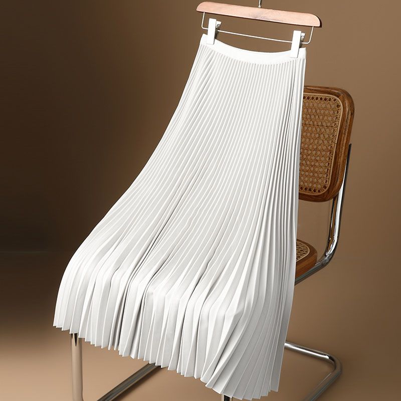 Women High Waist Pleated Skirt Smooth Satin Long Elegant Dress Summer Spring Lady Casual Pleated Skirt