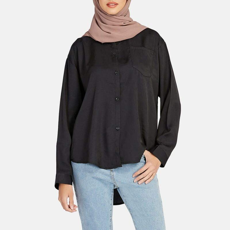 Custom spring summer Islamic Fashion Tshirt Cotton Elegant plain Muslim Women long sleeve Blouse