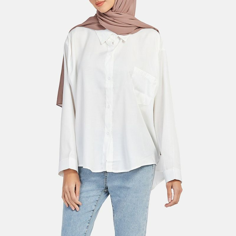 Custom spring summer Islamic Fashion Tshirt Cotton Elegant plain Muslim Women long sleeve Blouse
