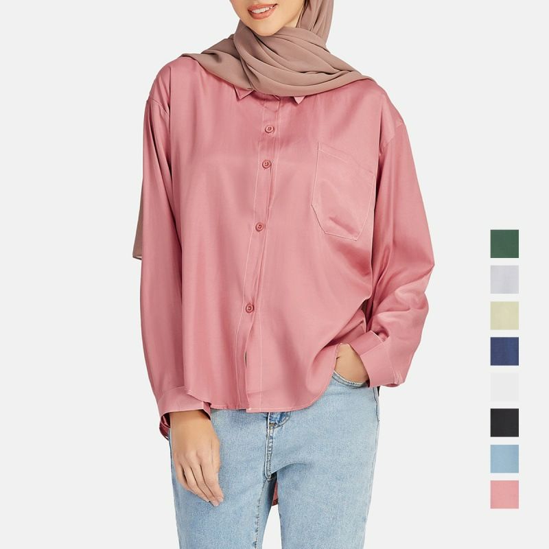 Custom spring summer Islamic Fashion Tshirt Cotton Elegant plain Muslim Women long sleeve Blouse