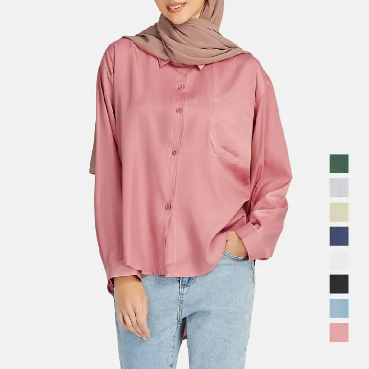 Custom spring summer Islamic Fashion Tshirt Cotton Elegant plain Muslim Women long sleeve Blouse