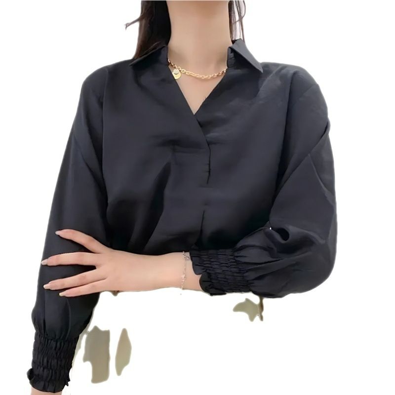Autumn New Style V-Neck Plain Simple Temperament Blue Long-Sleeved Blouse Satin Fashion Casual Outer Wear Women's Blouse