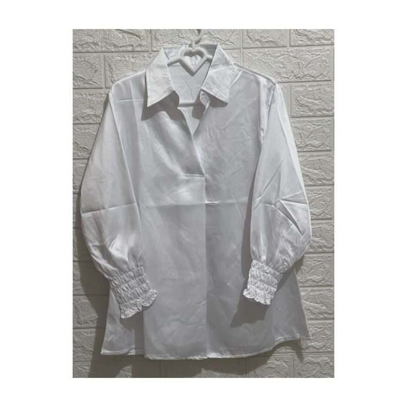 Autumn New Style V-Neck Plain Simple Temperament Blue Long-Sleeved Blouse Satin Fashion Casual Outer Wear Women's Blouse