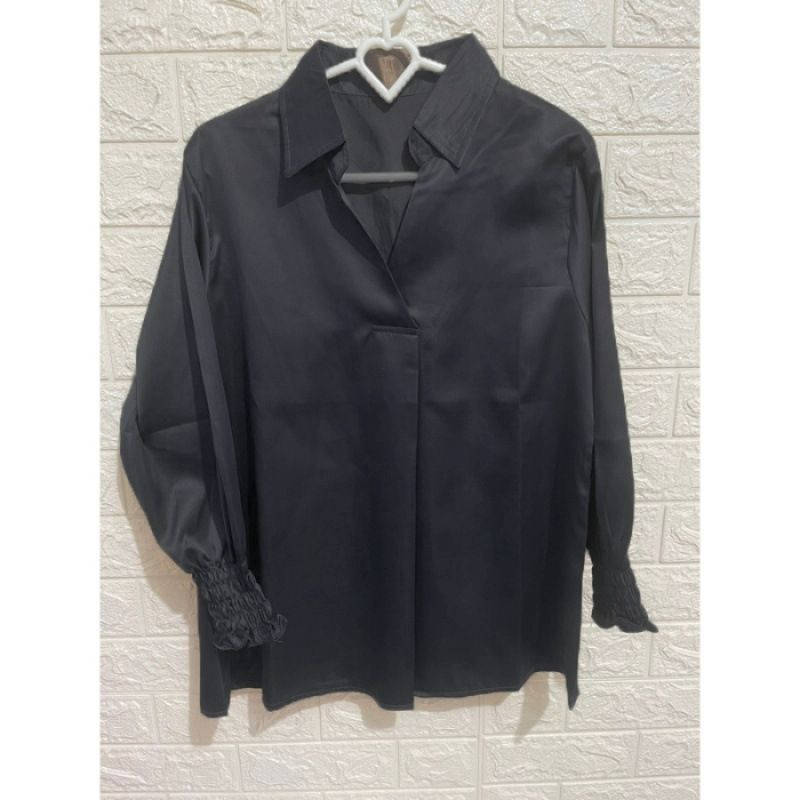 Autumn New Style V-Neck Plain Simple Temperament Blue Long-Sleeved Blouse Satin Fashion Casual Outer Wear Women's Blouse