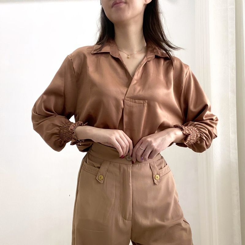 Autumn New Style V-Neck Plain Simple Temperament Blue Long-Sleeved Blouse Satin Fashion Casual Outer Wear Women's Blouse