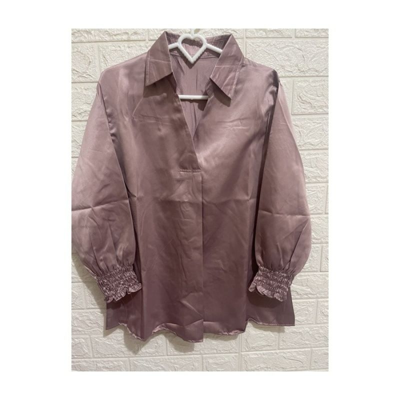 Autumn New Style V-Neck Plain Simple Temperament Blue Long-Sleeved Blouse Satin Fashion Casual Outer Wear Women's Blouse