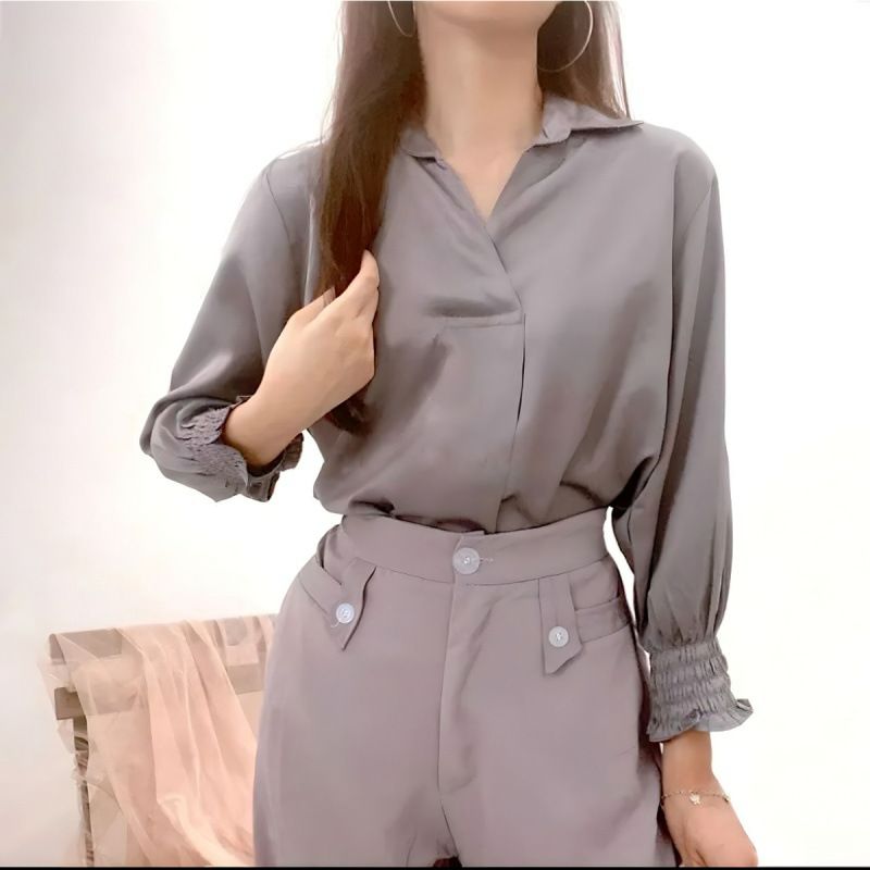 Autumn New Style V-Neck Plain Simple Temperament Blue Long-Sleeved Blouse Satin Fashion Casual Outer Wear Women's Blouse