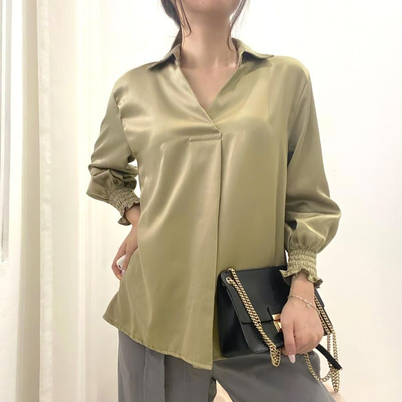 Autumn New Style V-Neck Plain Simple Temperament Blue Long-Sleeved Blouse Satin Fashion Casual Outer Wear Women's Blouse