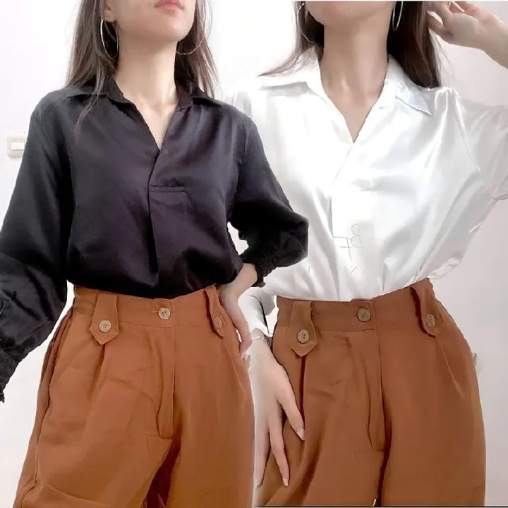 Autumn New Style V-Neck Plain Simple Temperament Blue Long-Sleeved Blouse Satin Fashion Casual Outer Wear Women's Blouse