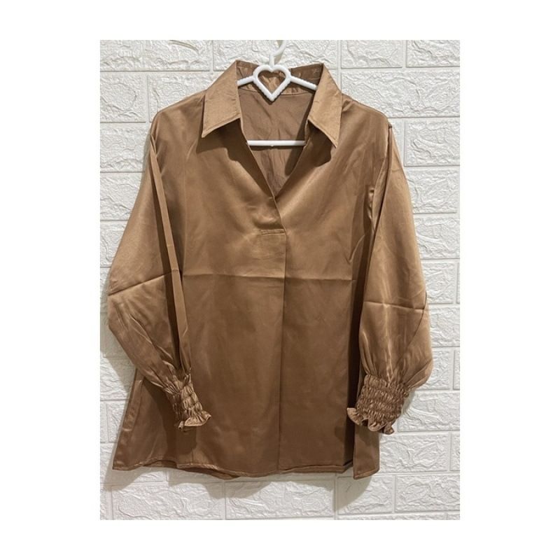 Autumn New Style V-Neck Plain Simple Temperament Blue Long-Sleeved Blouse Satin Fashion Casual Outer Wear Women's Blouse