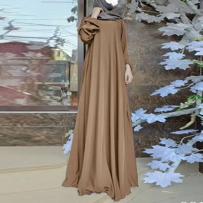 Solid Color Satin Fabric Casual Loose Bubble Sleeve Dress Breathable Lightweight Polyester Adult Abaya for Middle East Muslim