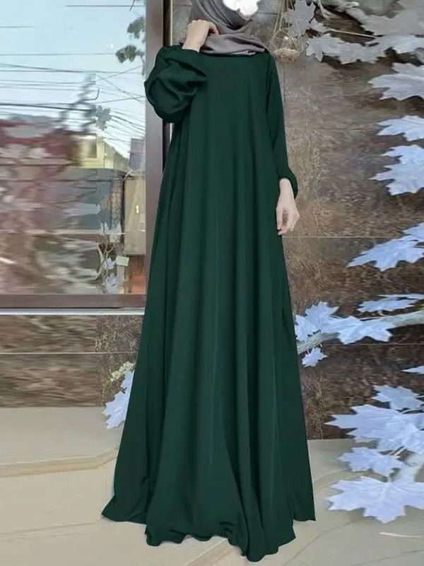 Solid Color Satin Fabric Casual Loose Bubble Sleeve Dress Breathable Lightweight Polyester Adult Abaya for Middle East Muslim