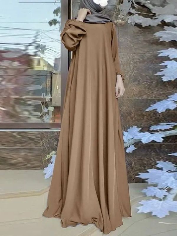 Solid Color Satin Fabric Casual Loose Bubble Sleeve Dress Breathable Lightweight Polyester Adult Abaya for Middle East Muslim