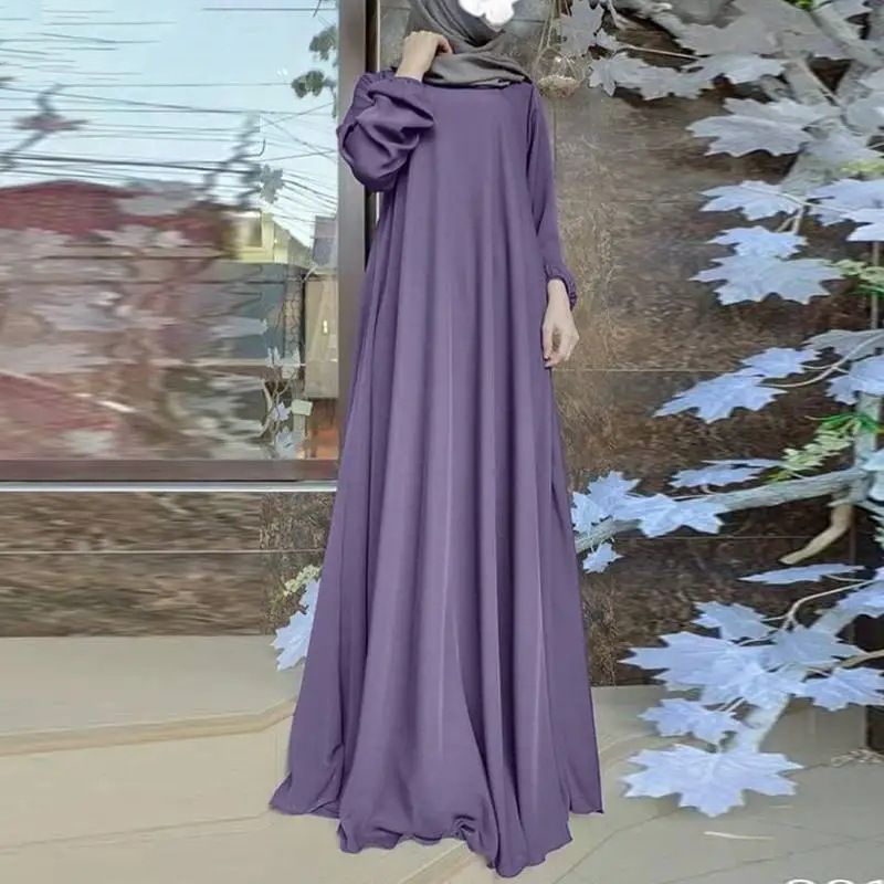 Solid Color Satin Fabric Casual Loose Bubble Sleeve Dress Breathable Lightweight Polyester Adult Abaya for Middle East Muslim