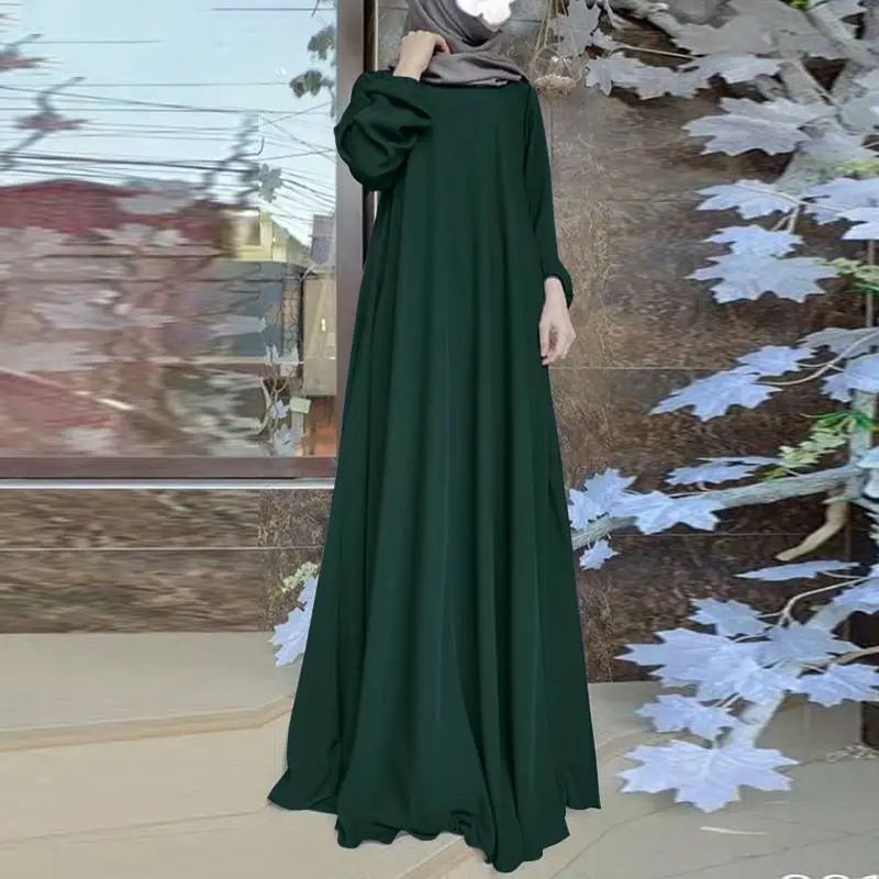 Solid Color Satin Fabric Casual Loose Bubble Sleeve Dress Breathable Lightweight Polyester Adult Abaya for Middle East Muslim