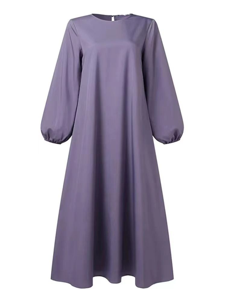 Solid Color Satin Fabric Casual Loose Bubble Sleeve Dress Breathable Lightweight Polyester Adult Abaya for Middle East Muslim
