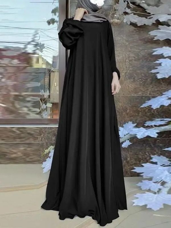 Solid Color Satin Fabric Casual Loose Bubble Sleeve Dress Breathable Lightweight Polyester Adult Abaya for Middle East Muslim