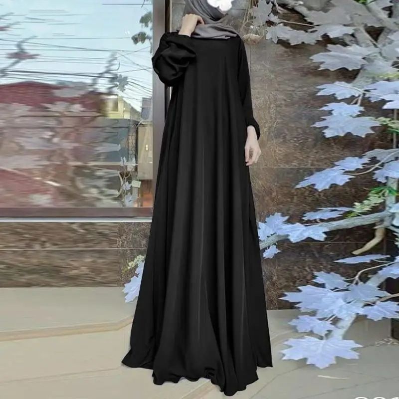 Solid Color Satin Fabric Casual Loose Bubble Sleeve Dress Breathable Lightweight Polyester Adult Abaya for Middle East Muslim