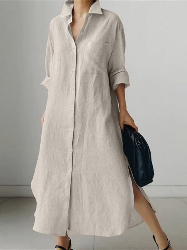 Hot Selling Women Clothing Long sleeve turn down collar Linen Cotton Shirt Casual Dresses for women
