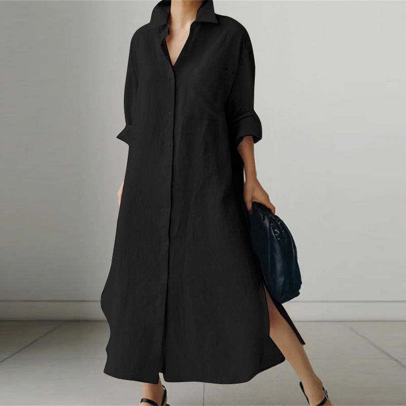 Hot Selling Women Clothing Long sleeve turn down collar Linen Cotton Shirt Casual Dresses for women