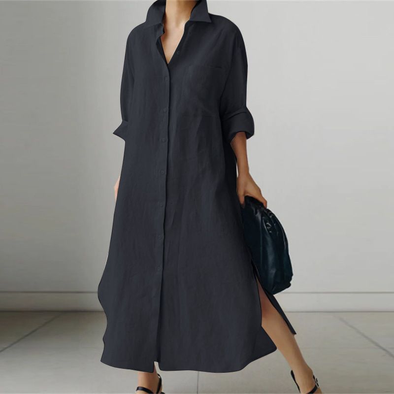 Hot Selling Women Clothing Long sleeve turn down collar Linen Cotton Shirt Casual Dresses for women