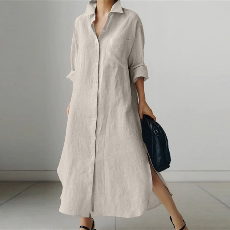 Hot Selling Women Clothing Long sleeve turn down collar Linen Cotton Shirt Casual Dresses for women