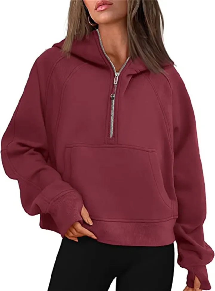 Custom Logo Women Cropped Hoodies Half Zip Pullover Trendy Quarter Sweatshirts Hooded Winter Clothes With Pockets