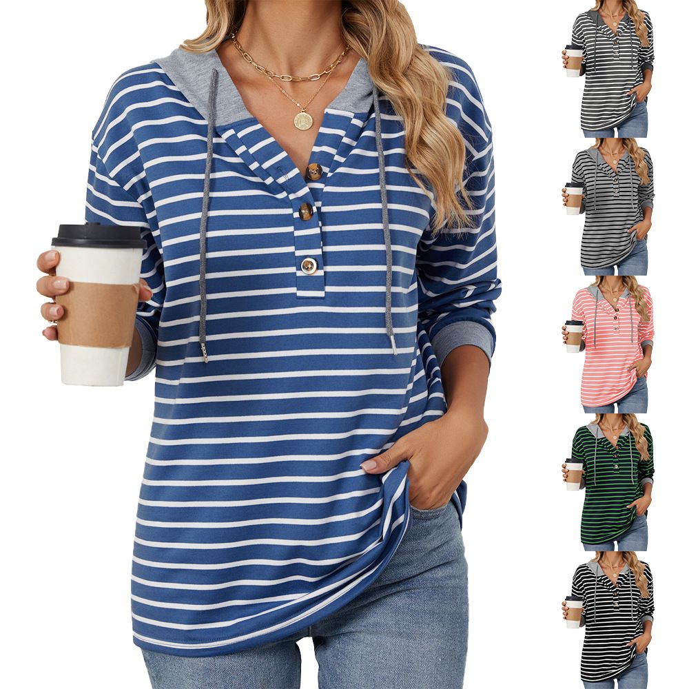 Custom Women Button-up Drawstring Blue White Pullover Striped Hoodie Manufacturers