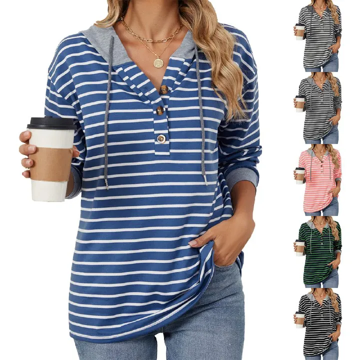 Custom Women Button-up Drawstring Blue White Pullover Striped Hoodie Manufacturers