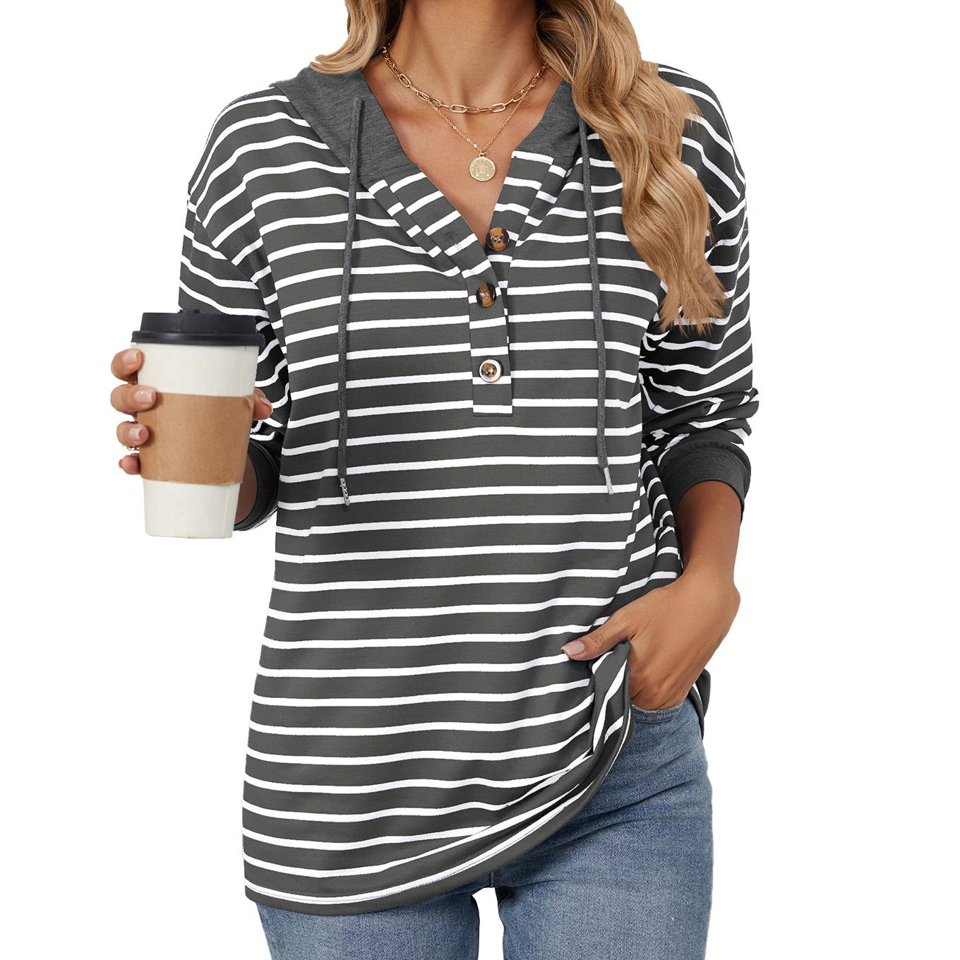 Custom Women Button-up Drawstring Blue White Pullover Striped Hoodie Manufacturers