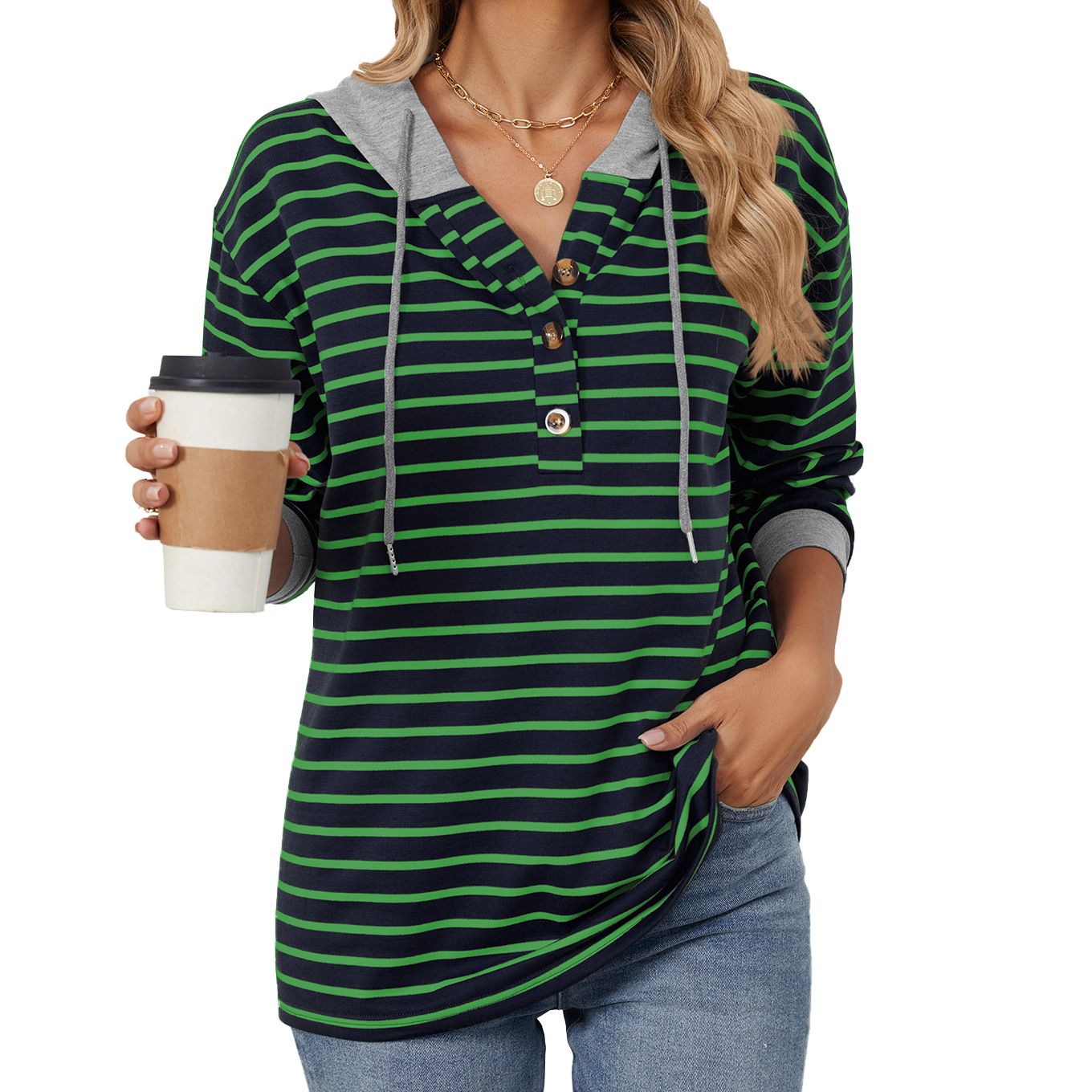 Custom Women Button-up Drawstring Blue White Pullover Striped Hoodie Manufacturers