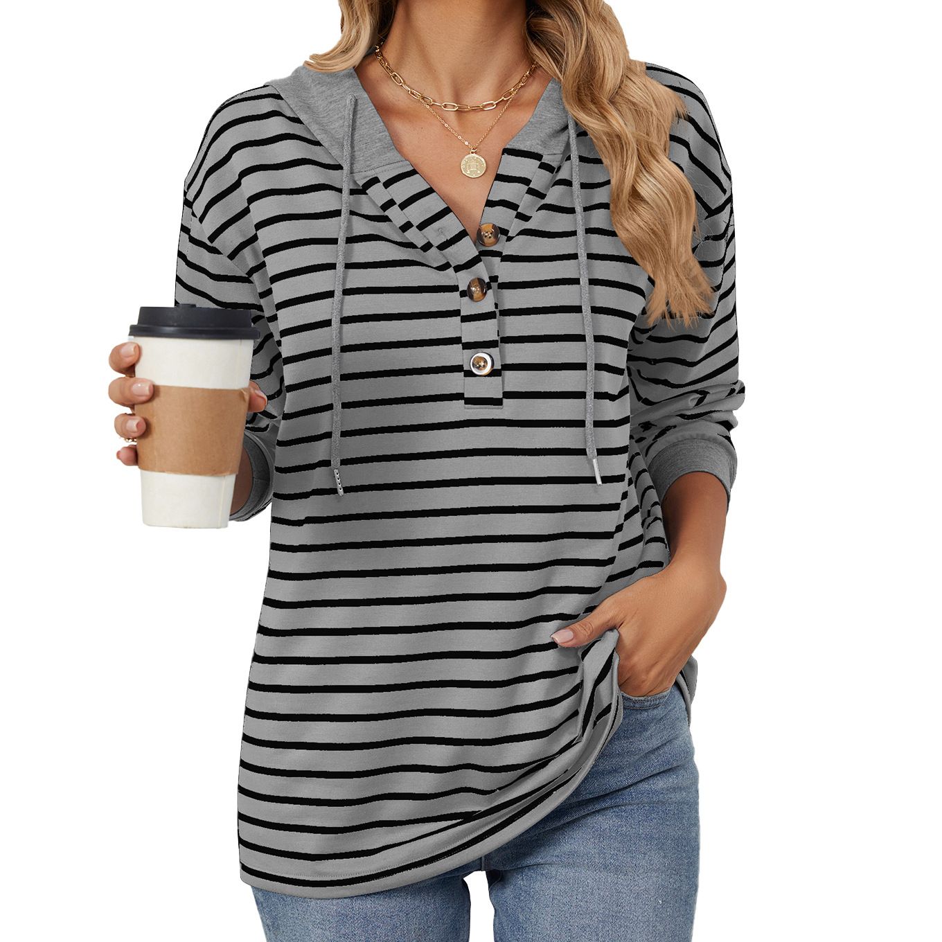 Custom Women Button-up Drawstring Blue White Pullover Striped Hoodie Manufacturers