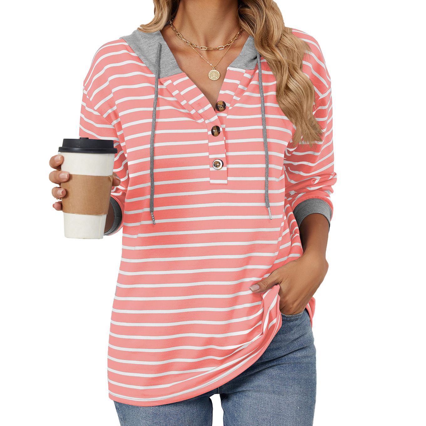 Custom Women Button-up Drawstring Blue White Pullover Striped Hoodie Manufacturers