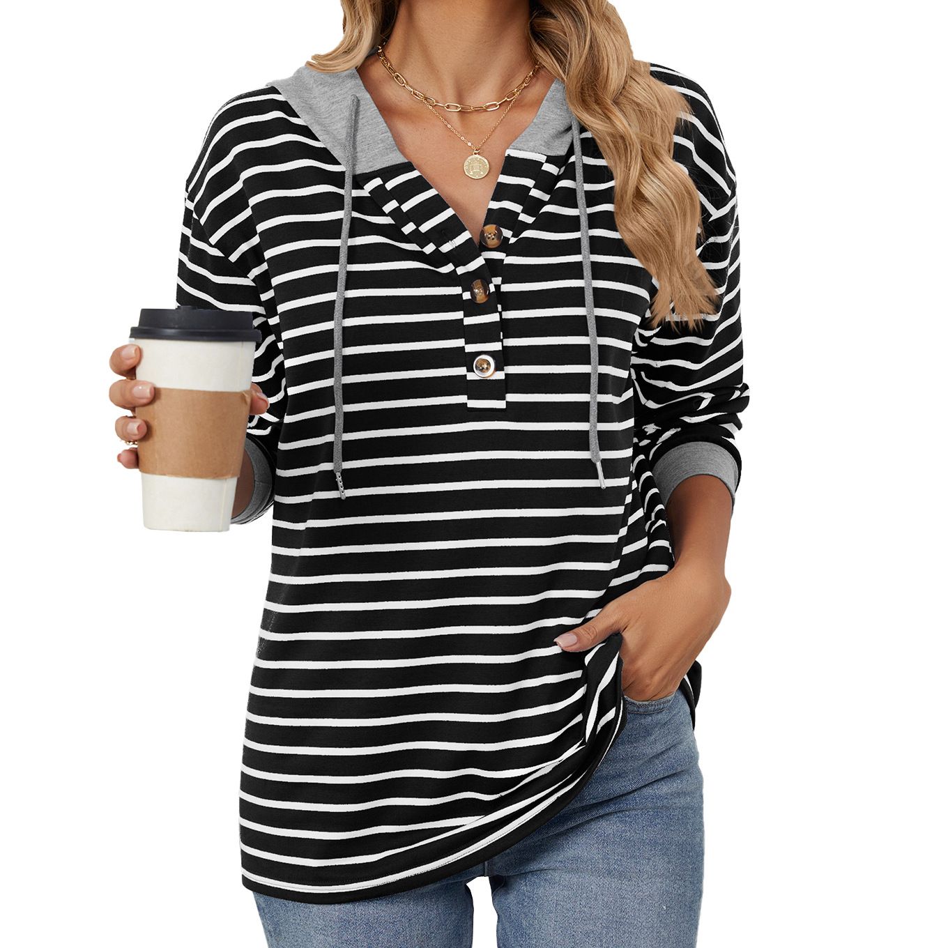 Custom Women Button-up Drawstring Blue White Pullover Striped Hoodie Manufacturers