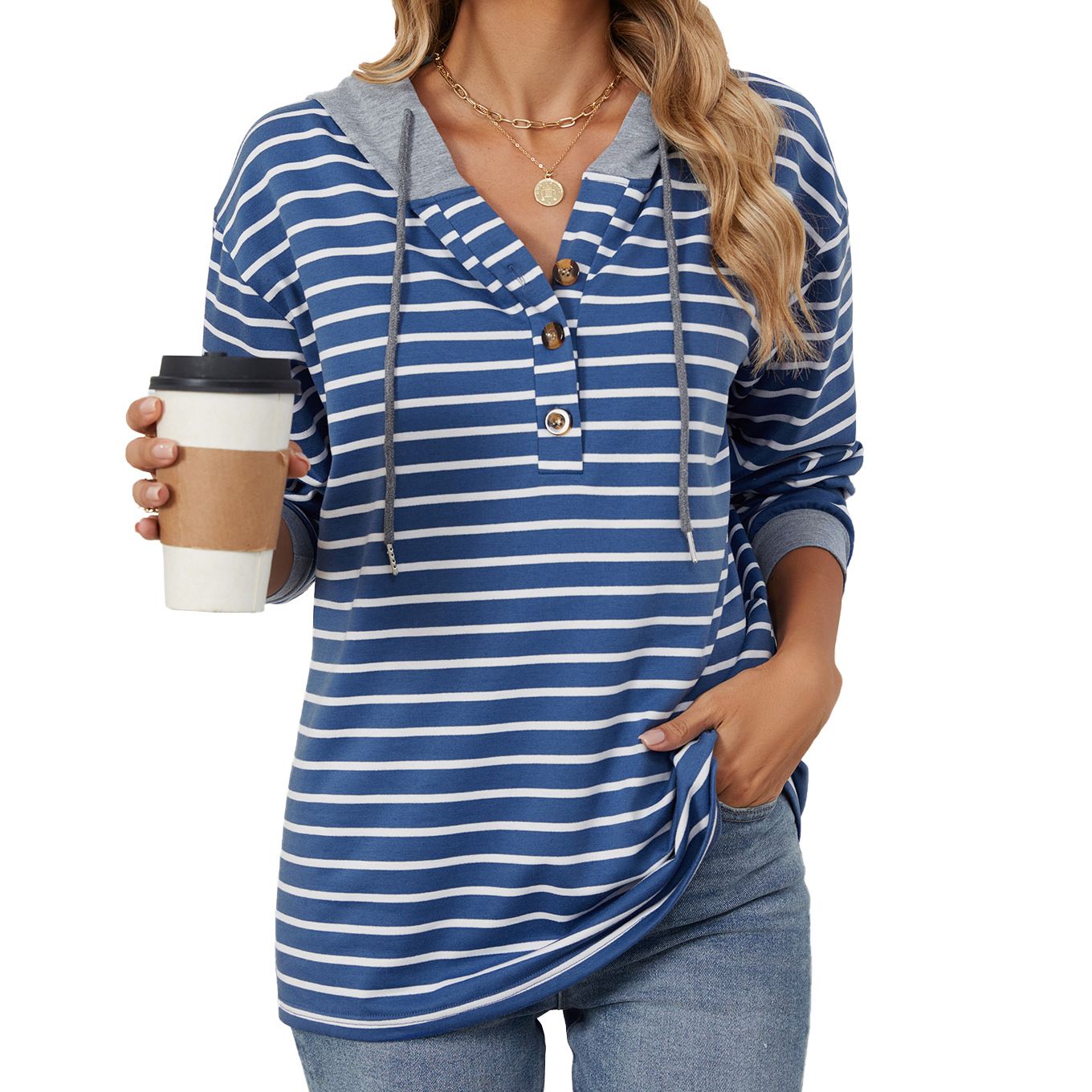 Custom Women Button-up Drawstring Blue White Pullover Striped Hoodie Manufacturers